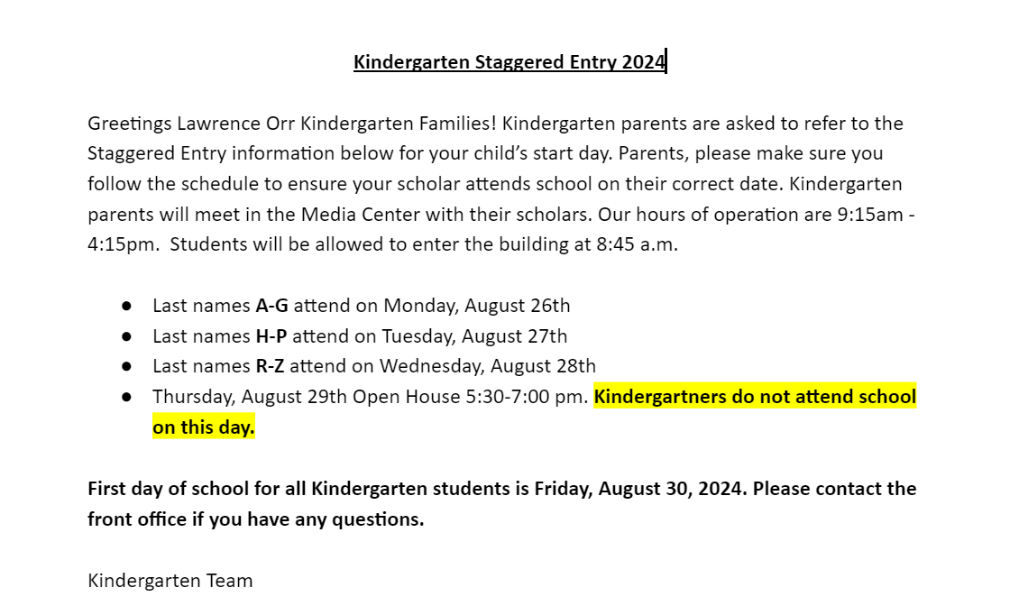  Kindergarten Staggered Entry 